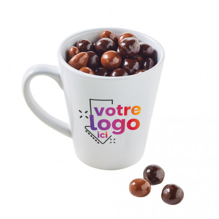 Choco mug conique personnalisé et son sachet de perles de céréales lait et noir
