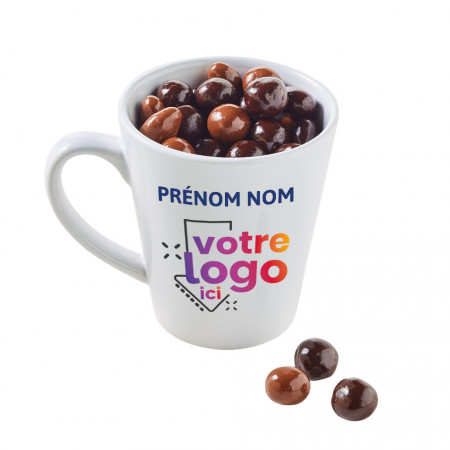 Choco mug conique personnalisé + nom/prénom et son sachet de perles de céréales lait et noir