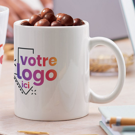 Choco mug droit personnalisé et son sachet de perles de céréales noir et lait
