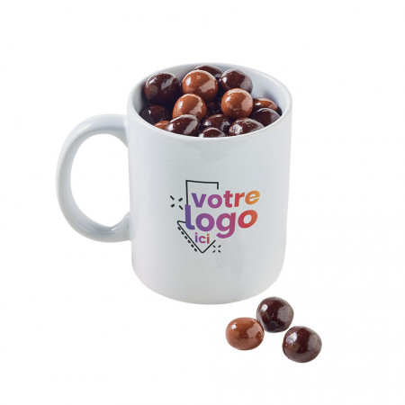 Choco mug droit personnalisé et son sachet de perles de céréales noir et lait
