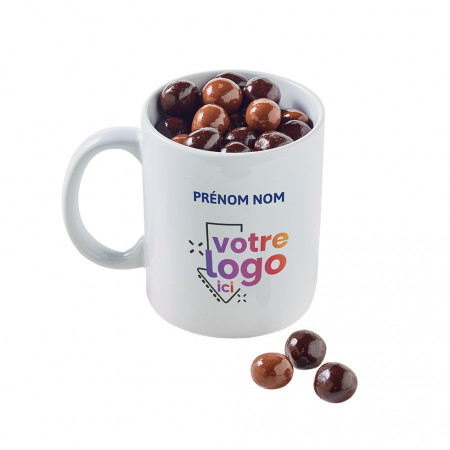 Choco mug droit personnalisé + nom/prénom et son sachet de perles de céréales noir et lait